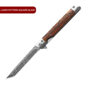 Damascus Pattern Folding Knife With Holster Outdoor Hunting Self-Defense High Hardness Camping Survival Knife
