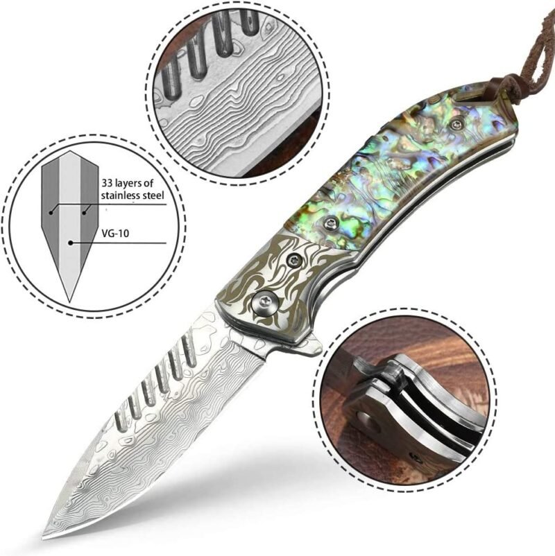 Top End Handmade 167 Layers Damascus Steel VG10 Blade Abalone Shell Rose Wood Handle Folding Survival Knife With Leather Sheath - Image 2