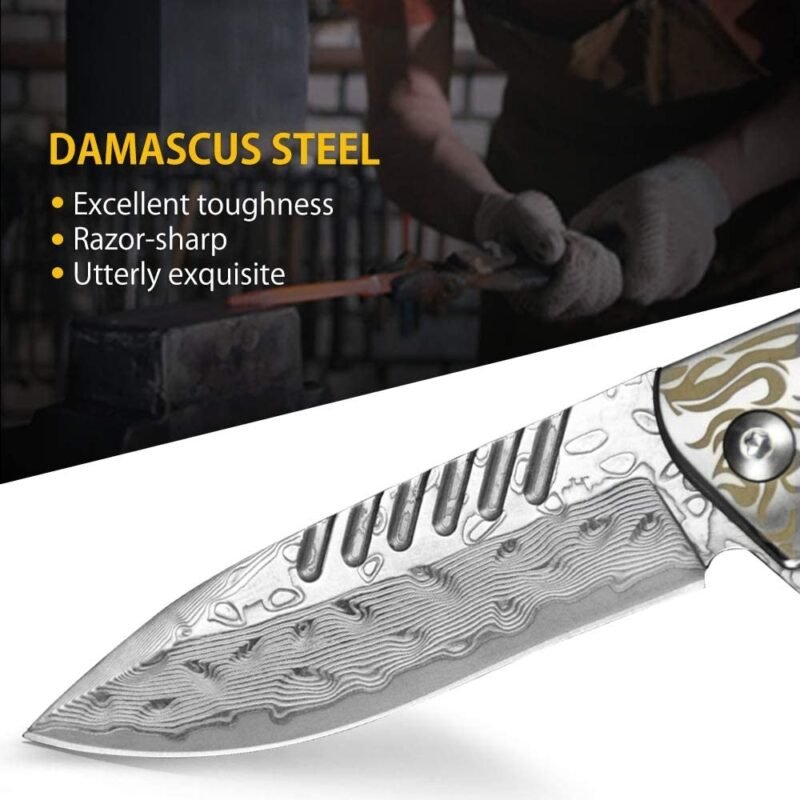 Top End Handmade 167 Layers Damascus Steel VG10 Blade Abalone Shell Rose Wood Handle Folding Survival Knife With Leather Sheath - Image 3