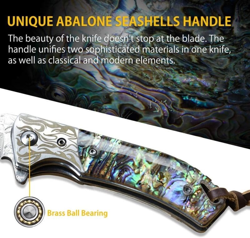 Top End Handmade 167 Layers Damascus Steel VG10 Blade Abalone Shell Rose Wood Handle Folding Survival Knife With Leather Sheath - Image 4