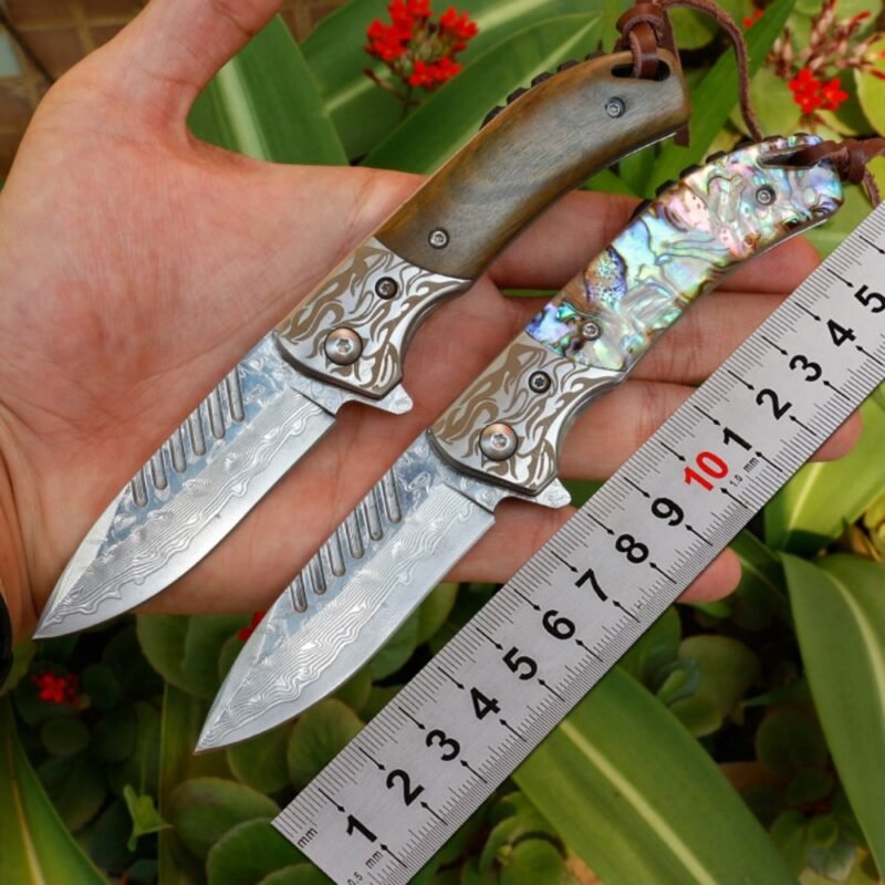 Top End Handmade 167 Layers Damascus Steel VG10 Blade Abalone Shell Rose Wood Handle Folding Survival Knife With Leather Sheath - Image 6