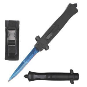9 Italian Stiletto Style OTF Knife Blue Damascus Etched Blade
