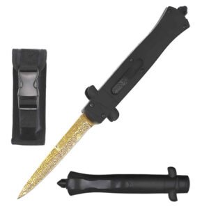 9 Italian Stiletto Style OTF Knife Gold Damascus Etched Blade