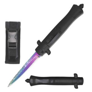 9 Italian Stiletto Style OTF Knife Rainbow Damascus Etched Blade